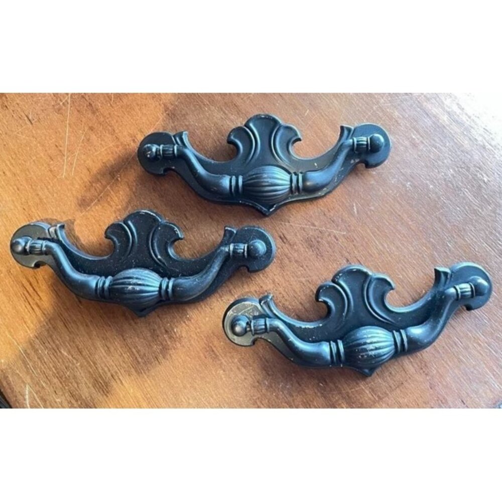 3 Vintage Black Brass Bat Wing Drawer Pulls CP-2222 4" Center Bail Handles
